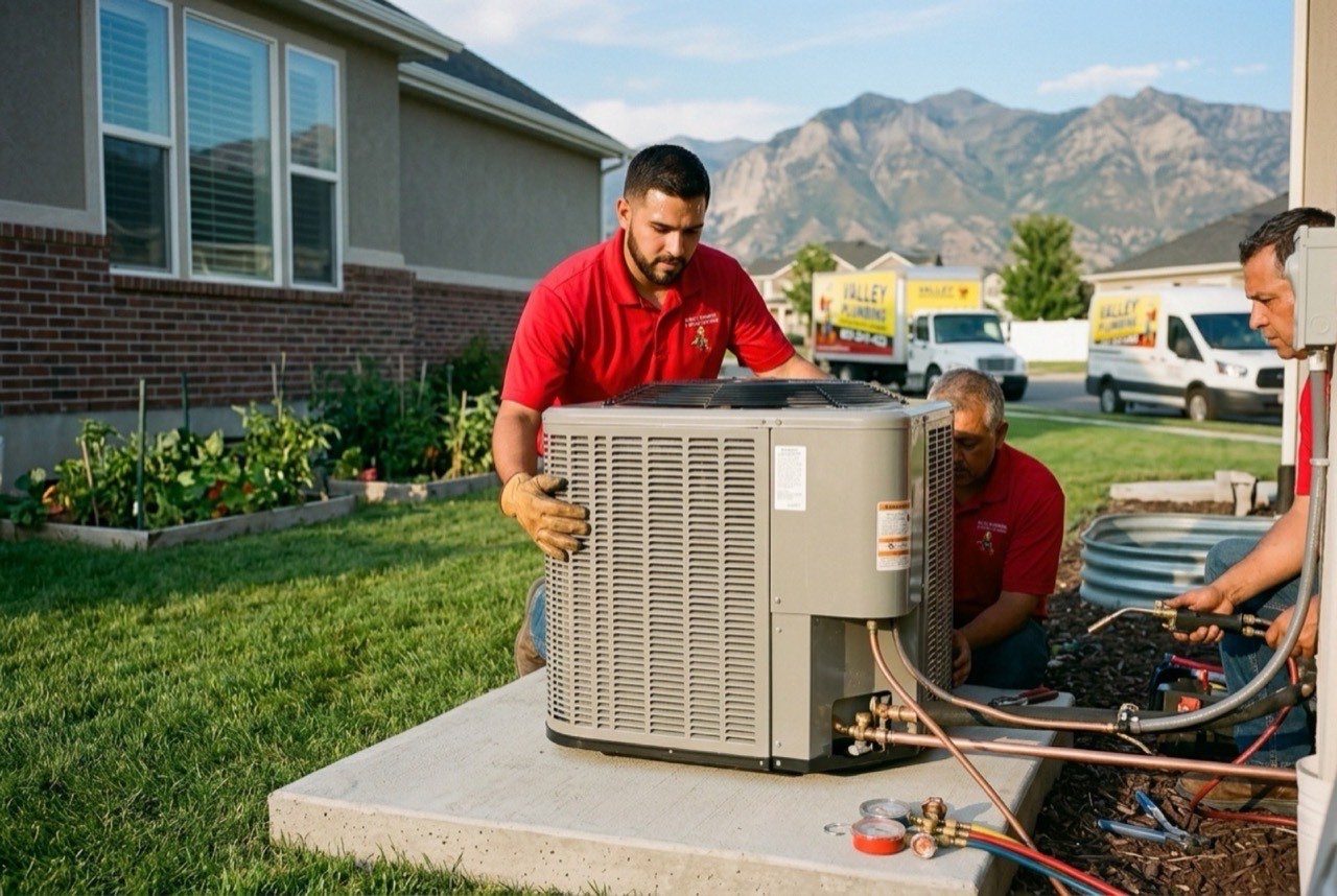Valley Plumbing HVAC technician brazing a new AC line set during installation at an Orem home