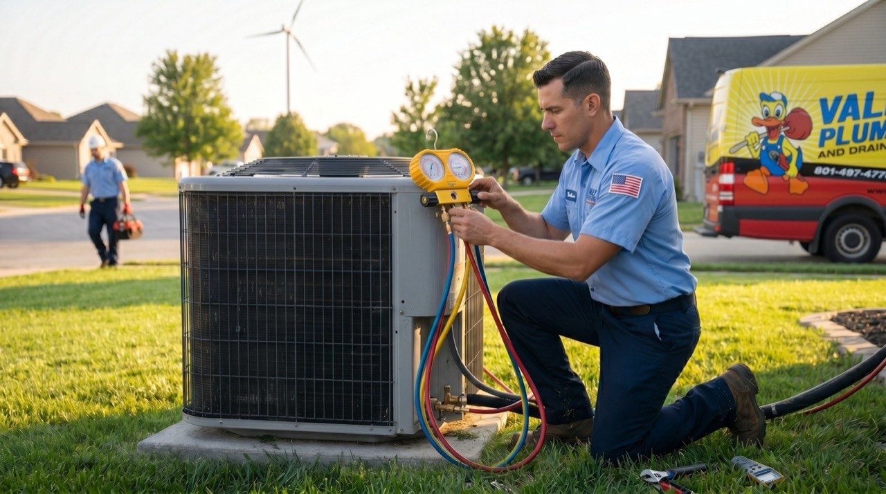 Valley Plumbing technician measuring refrigerant pressures during an AC maintenance visit in Orem
