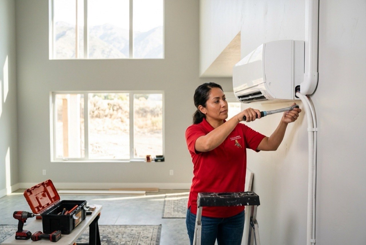 Valley Plumbing HVAC installer connecting a refrigerant line set to an outdoor mini-split condenser in Orem