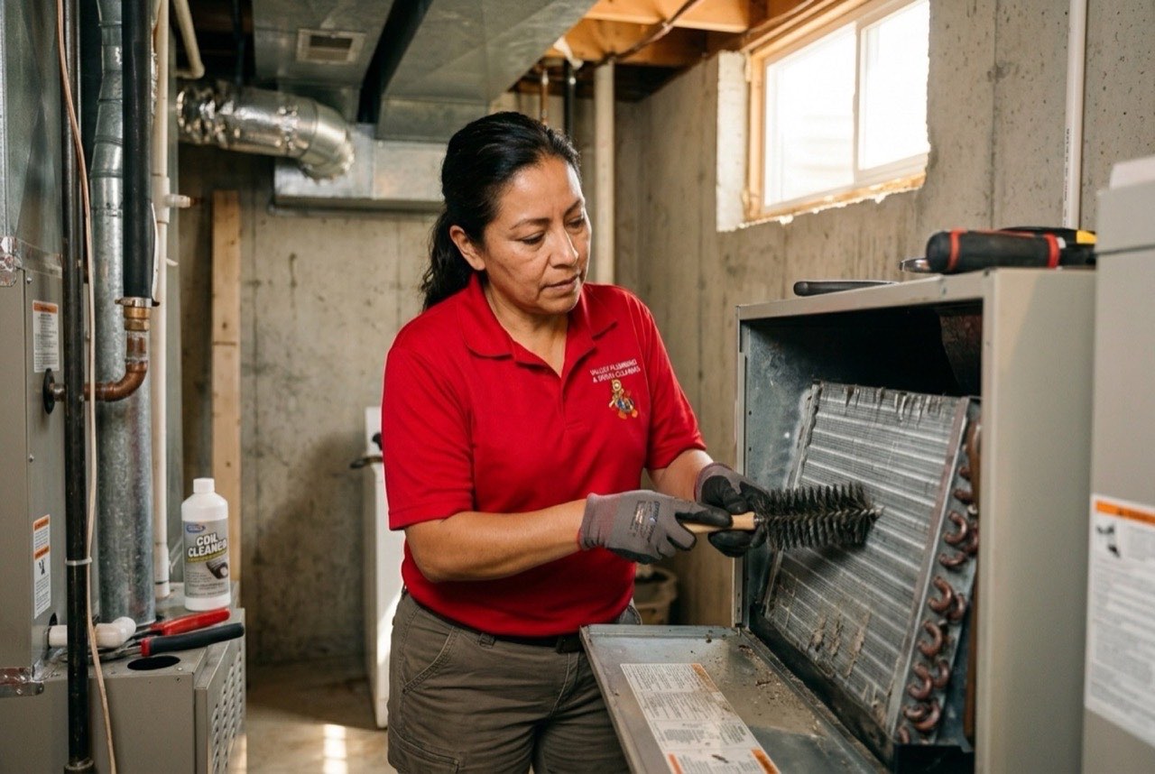 Valley Plumbing HVAC technician cleaning an evaporator coil with foam coil cleaner inside an Orem home air handler