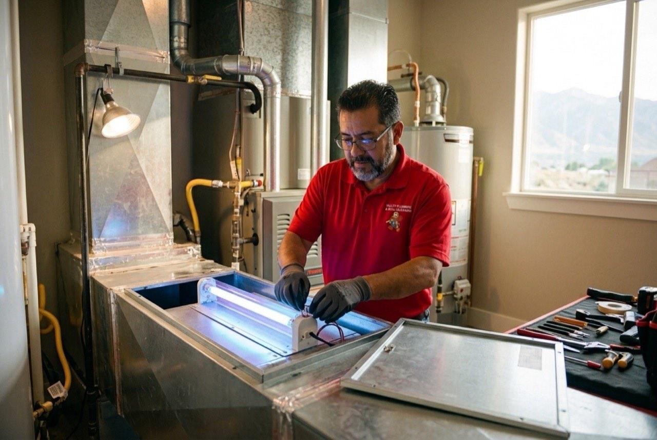 Valley Plumbing HVAC technician replacing a media air filter in an Orem home's furnace cabinet