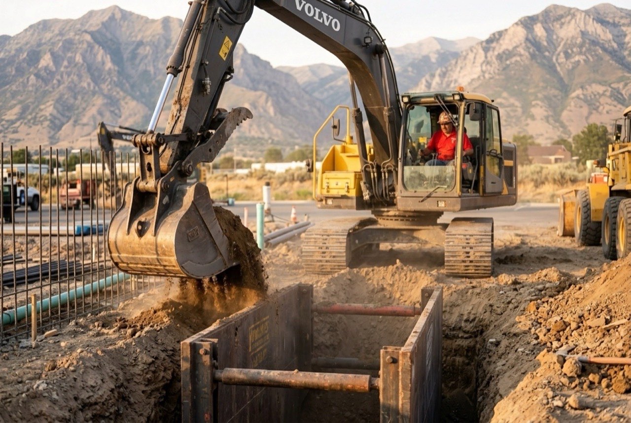 Valley Plumbing commercial excavation crew saw-cutting a Lehi parking lot for a utility trench during an overnight shift