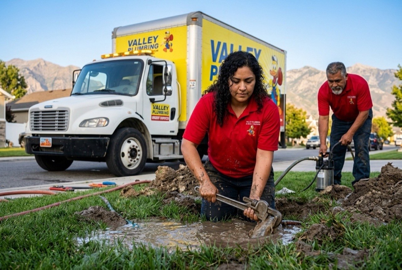 Valley Plumbing emergency excavation crew operating a mini-excavator under floodlights at an Orem residential water line break