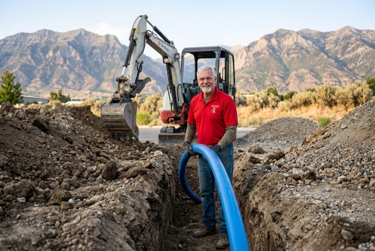 Valley Plumbing excavation crew working in a trench with new HDPE water pipe at an Orem home