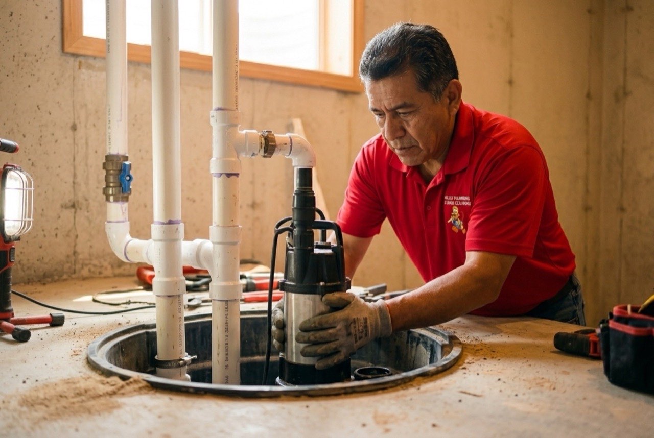 Valley Plumbing technician lowering a submersible sewage ejector pump into a polyethylene basin at an Orem home