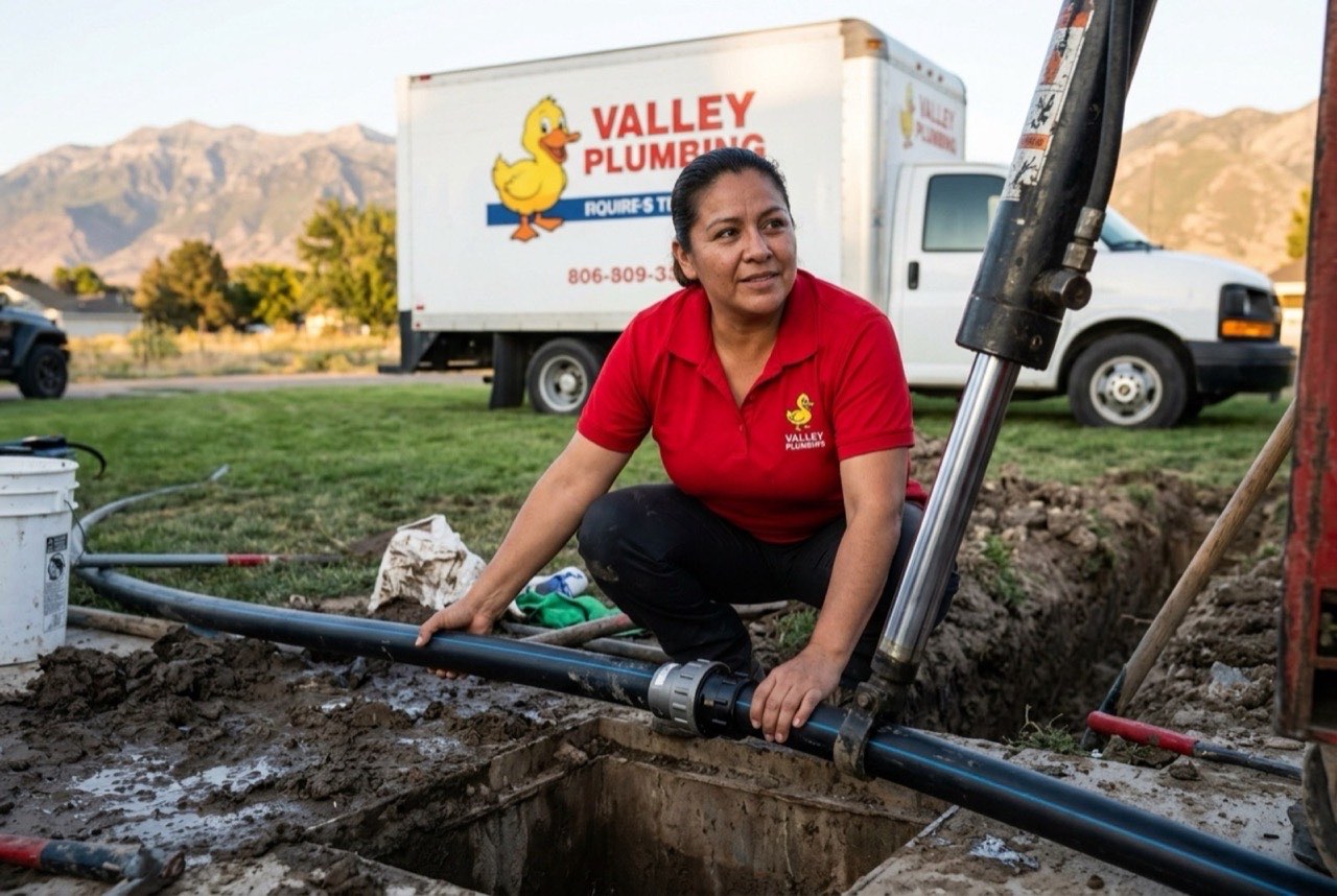 Valley Plumbing crew fusing HDPE pipe lengths on-site before a trenchless pull at an Orem home