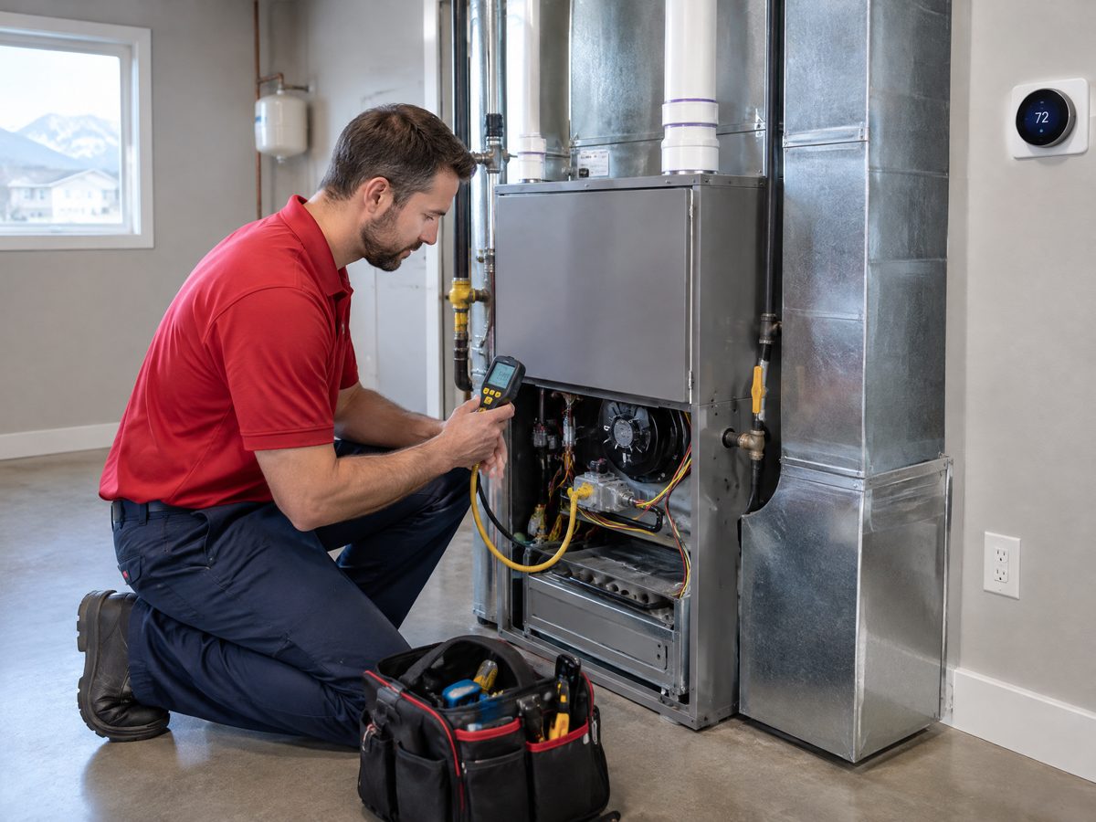 Valley Plumbing HVAC technician servicing a high-efficiency modulating furnace in a South Jordan Daybreak home