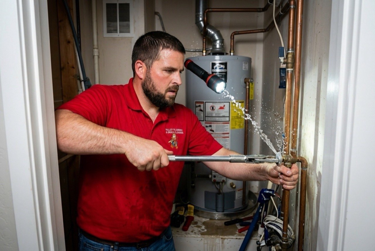 Valley Plumbing technician working on an emergency plumbing call in an Orem home