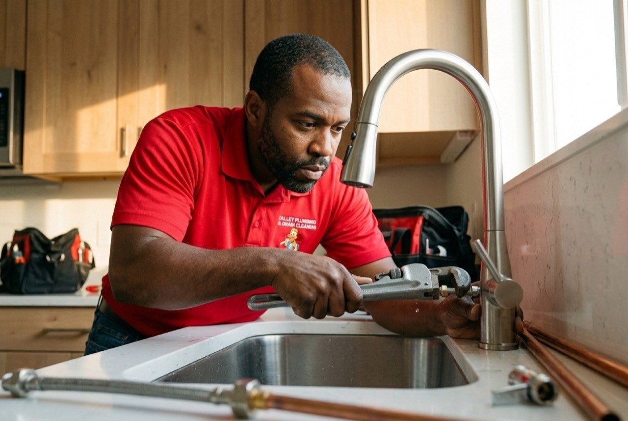 Valley Plumbing technician replacing a faucet cartridge in an Orem kitchen