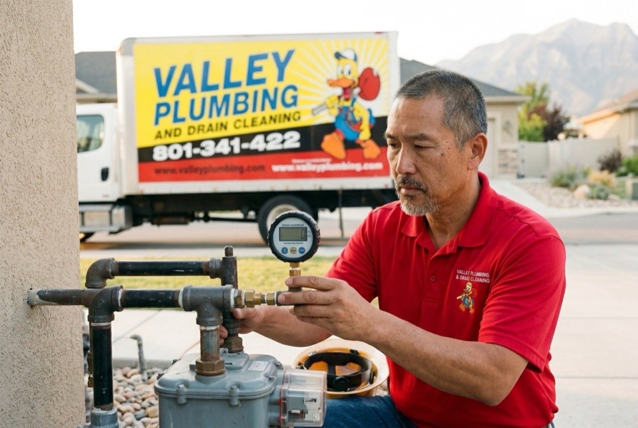 Valley Plumbing gas technician pressure-testing a gas line with a pressure gauge in a West Jordan home