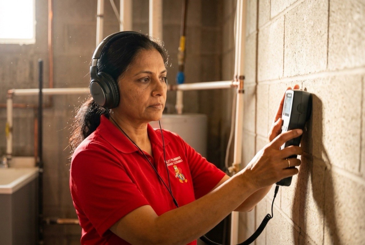 Valley Plumbing technician using acoustic listening equipment to find a hidden water leak in an Orem home