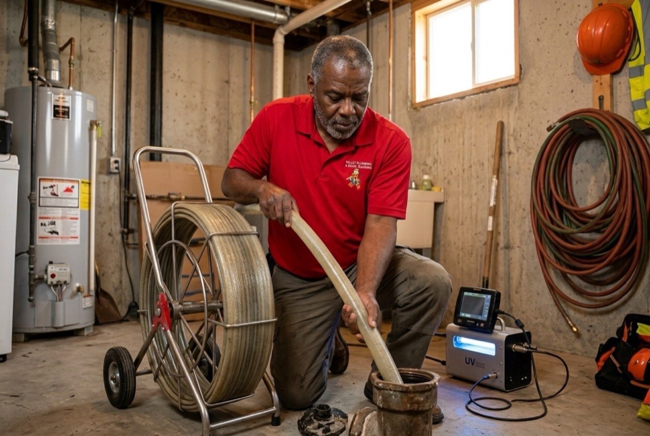 Valley Plumbing technician inverting a sewer liner in a Salt Lake City basement