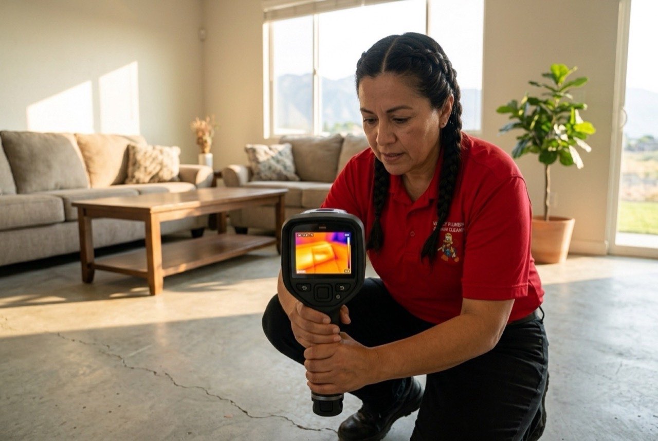 Valley Plumbing technician scanning an Orem ranch home floor with thermal imaging to locate a slab leak