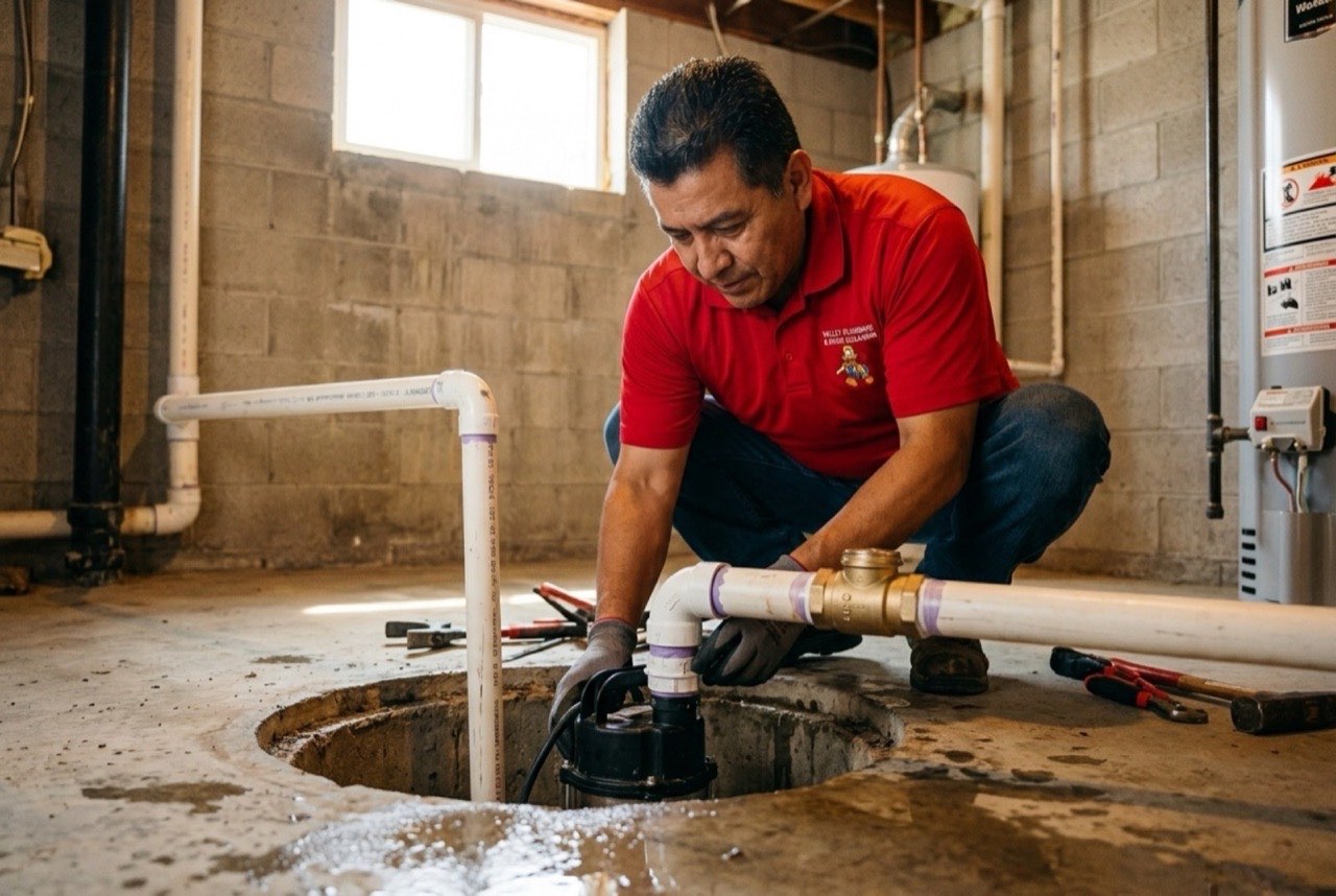 Valley Plumbing technician testing a sump pump in an Orem basement