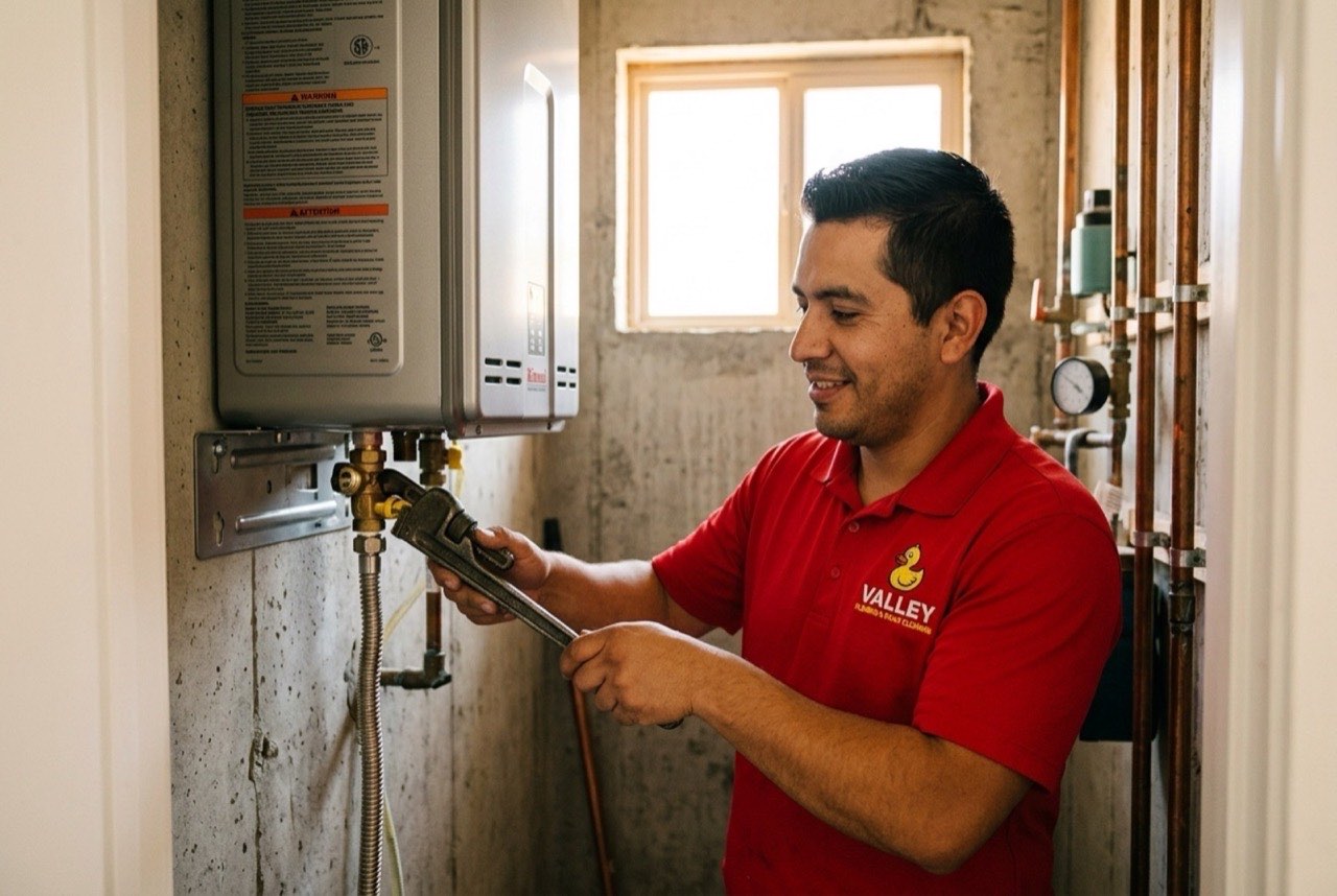Valley Plumbing technician mounting a tankless water heater on the wall of an Orem utility room