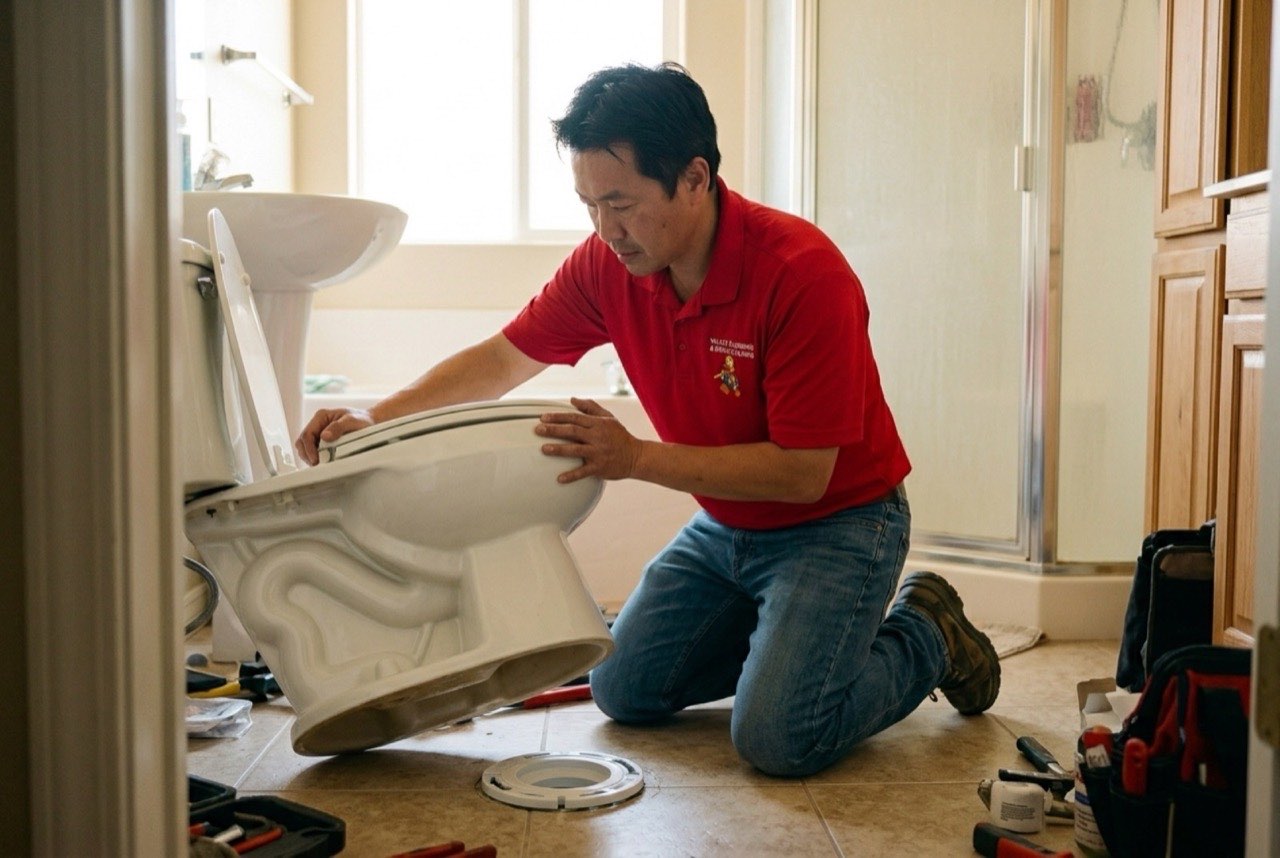 Valley Plumbing technician replacing a toilet flapper in a Daybreak bathroom in South Jordan
