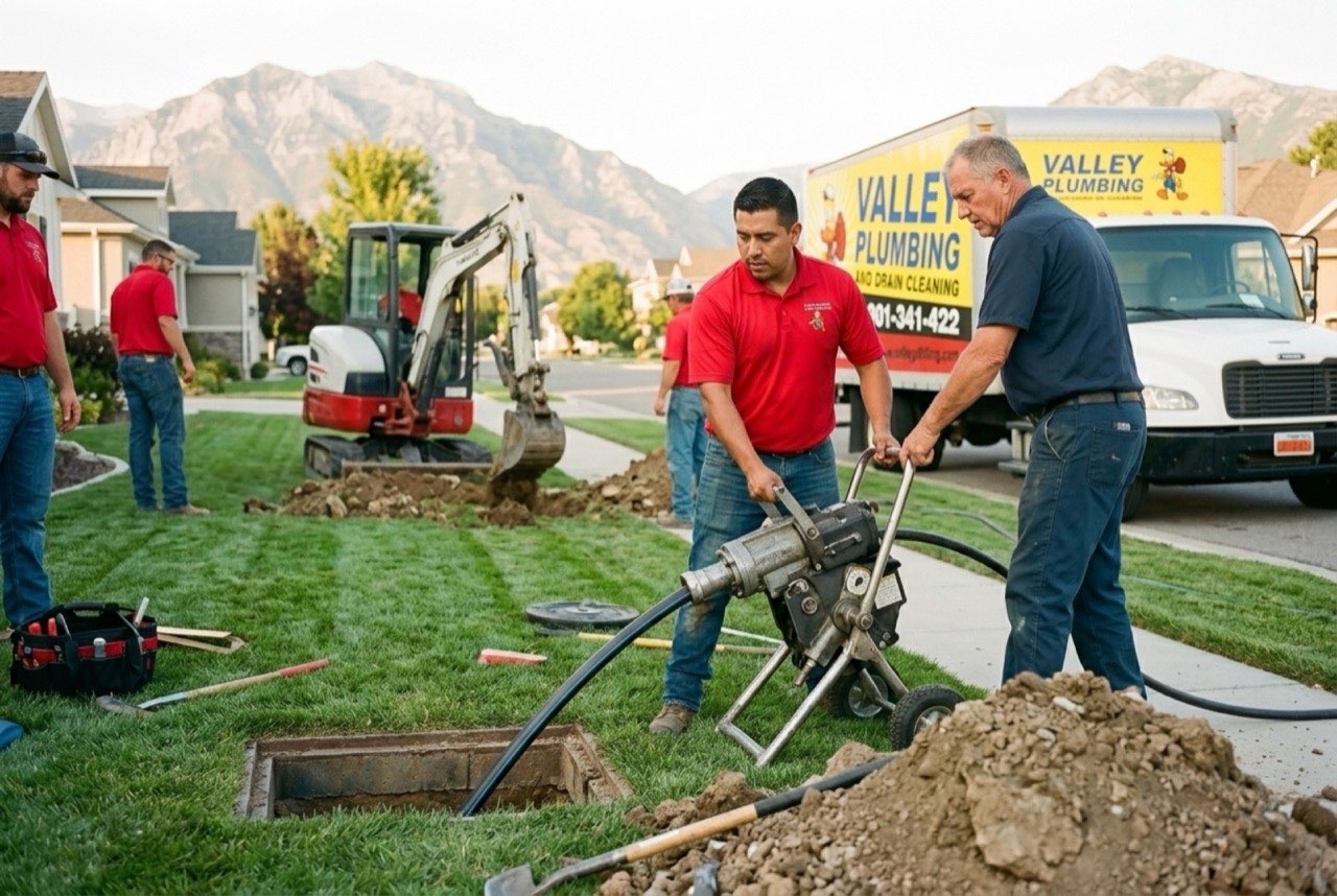 Valley Plumbing crew performing pipe bursting in a Salt Lake City yard