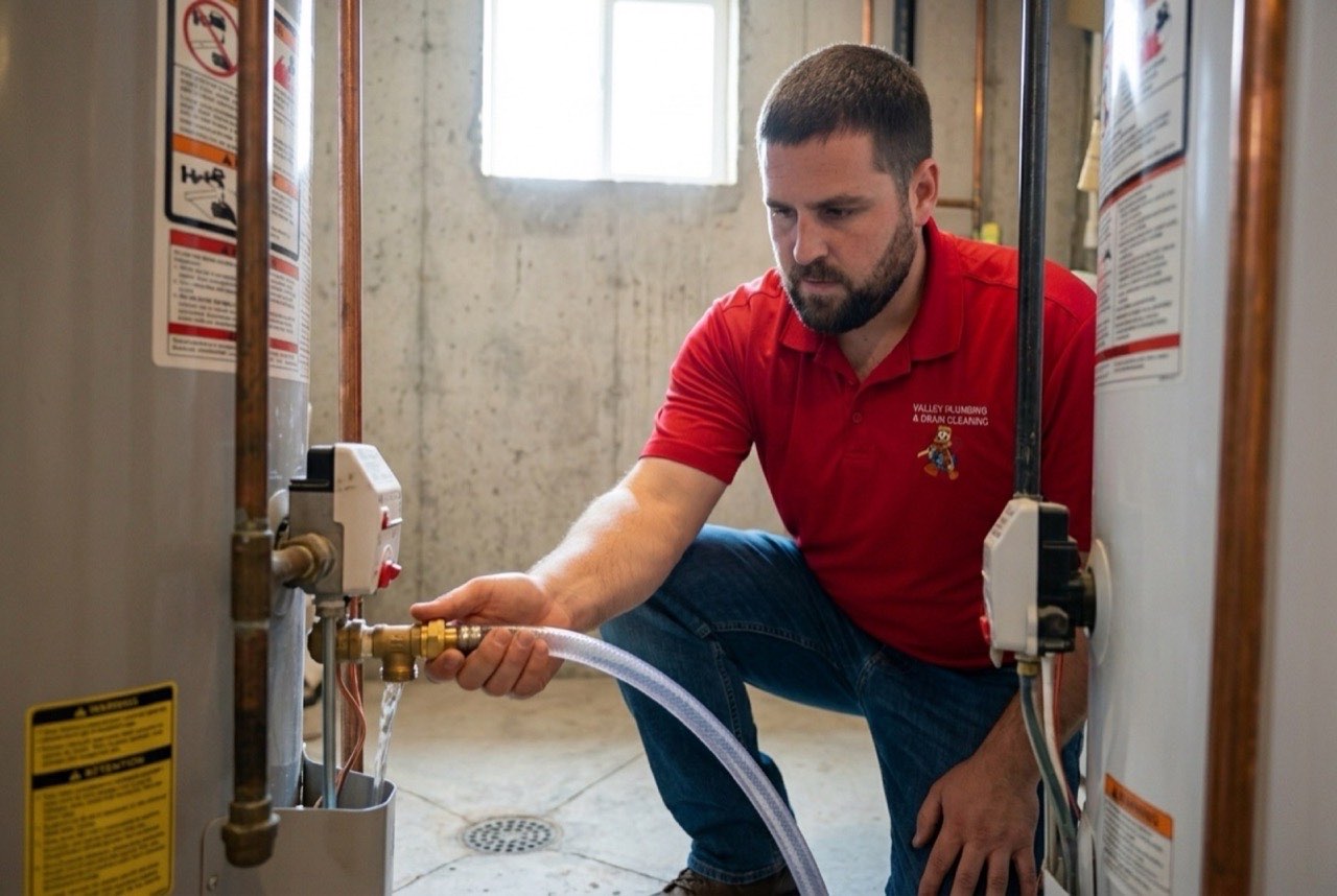 Valley Plumbing technician draining a residential water heater in an Orem utility room