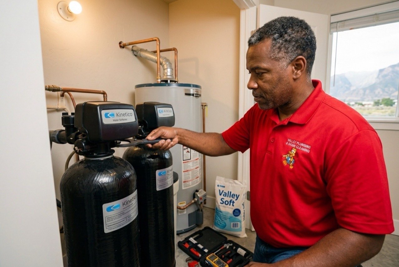Valley Plumbing technician connecting a softener resin tank to an Orem home water supply